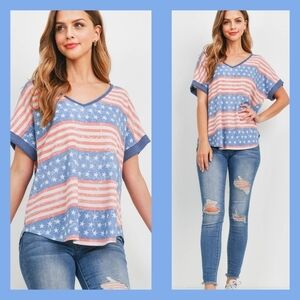 RIBNECK AND SLEEVE BAND AMERICAN FLAG TOP DENTM, CORAL, NAVY.